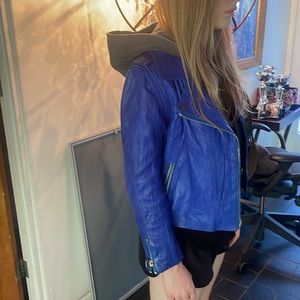 DOMA royal blue leather jacket L-fits like a small-a vest-hood removable too